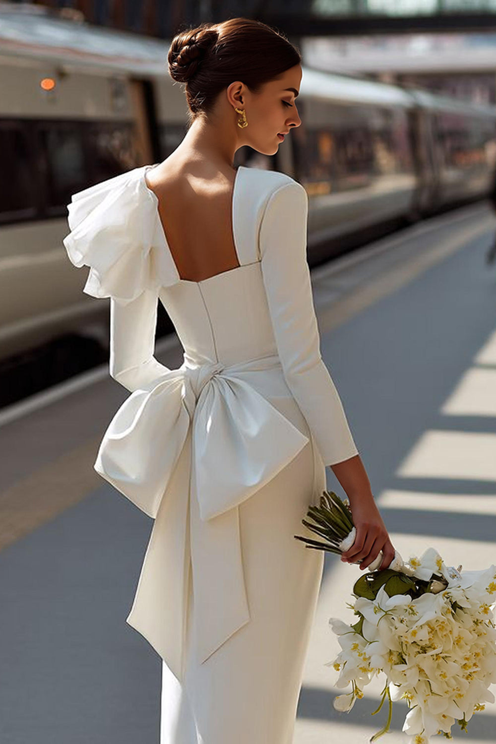 White Bodycon Square Neck Ruffled Midi Wedding Dress with Bow