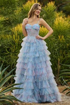 Floral Blue Chiffon A Line Ruffled Long Corset Prom Dress with Slit