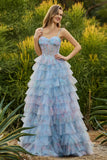 Floral Blue Chiffon A Line Ruffled Long Corset Prom Dress with Slit