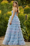 Floral Blue Chiffon A Line Ruffled Long Corset Prom Dress with Slit
