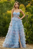 Floral Blue Chiffon A Line Ruffled Long Corset Prom Dress with Slit