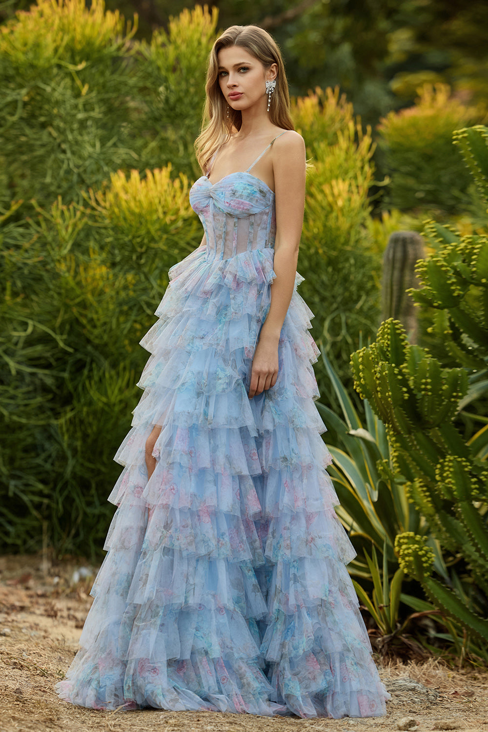 Floral Blue Chiffon A Line Ruffled Long Corset Prom Dress with Slit