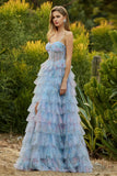 Floral Blue Chiffon A Line Ruffled Long Corset Prom Dress with Slit