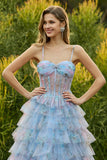 Floral Blue Chiffon A Line Ruffled Long Corset Prom Dress with Slit