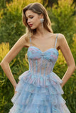 Floral Blue Chiffon A Line Ruffled Long Corset Prom Dress with Slit