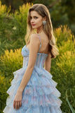 Floral Blue Chiffon A Line Ruffled Long Corset Prom Dress with Slit