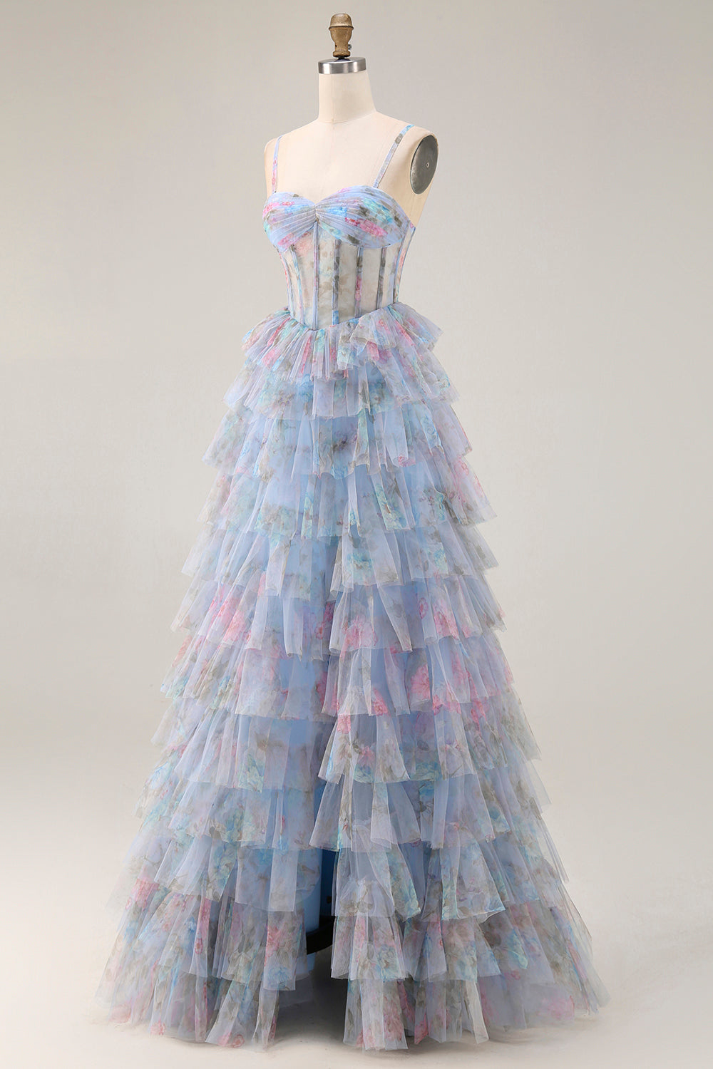 Floral Blue A Line Chiffon Tiered Long Corset Prom Dress with Slit