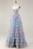 Floral Blue A Line Chiffon Tiered Long Corset Prom Dress with Slit