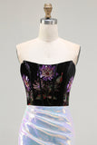 Sparkly Black Lilac Floral Corset Mermaid Glitter Long Prom Dress