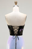 Sparkly Black Lilac Floral Corset Mermaid Glitter Long Prom Dress
