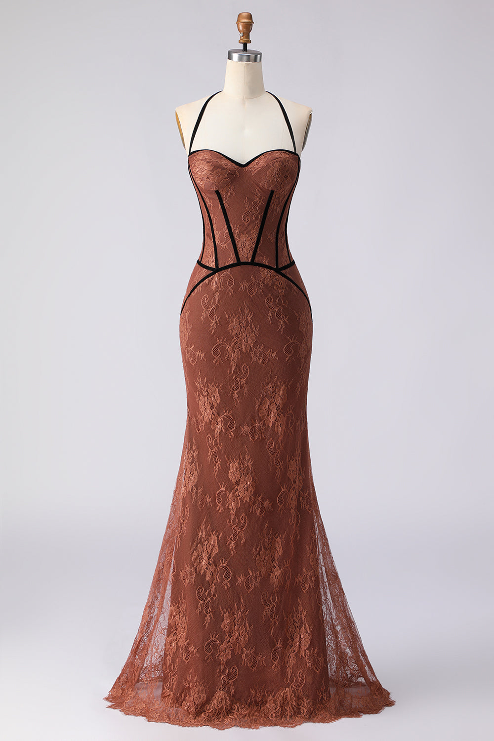 Brown Lace Mermaid Halter Long Corset Prom Dress