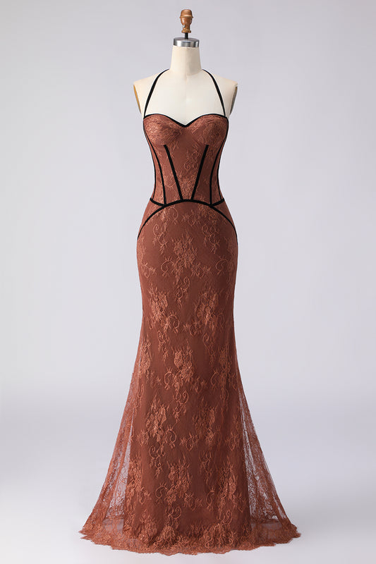 Brown Lace Mermaid Halter Long Corset Prom Dress