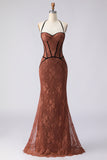 Brown Lace Mermaid Halter Long Corset Prom Dress