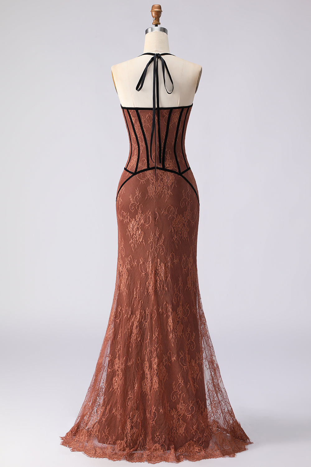 Brown Lace Mermaid Halter Long Corset Prom Dress