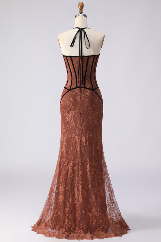 Brown Lace Mermaid Halter Long Corset Prom Dress