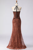 Brown Lace Mermaid Halter Long Corset Prom Dress