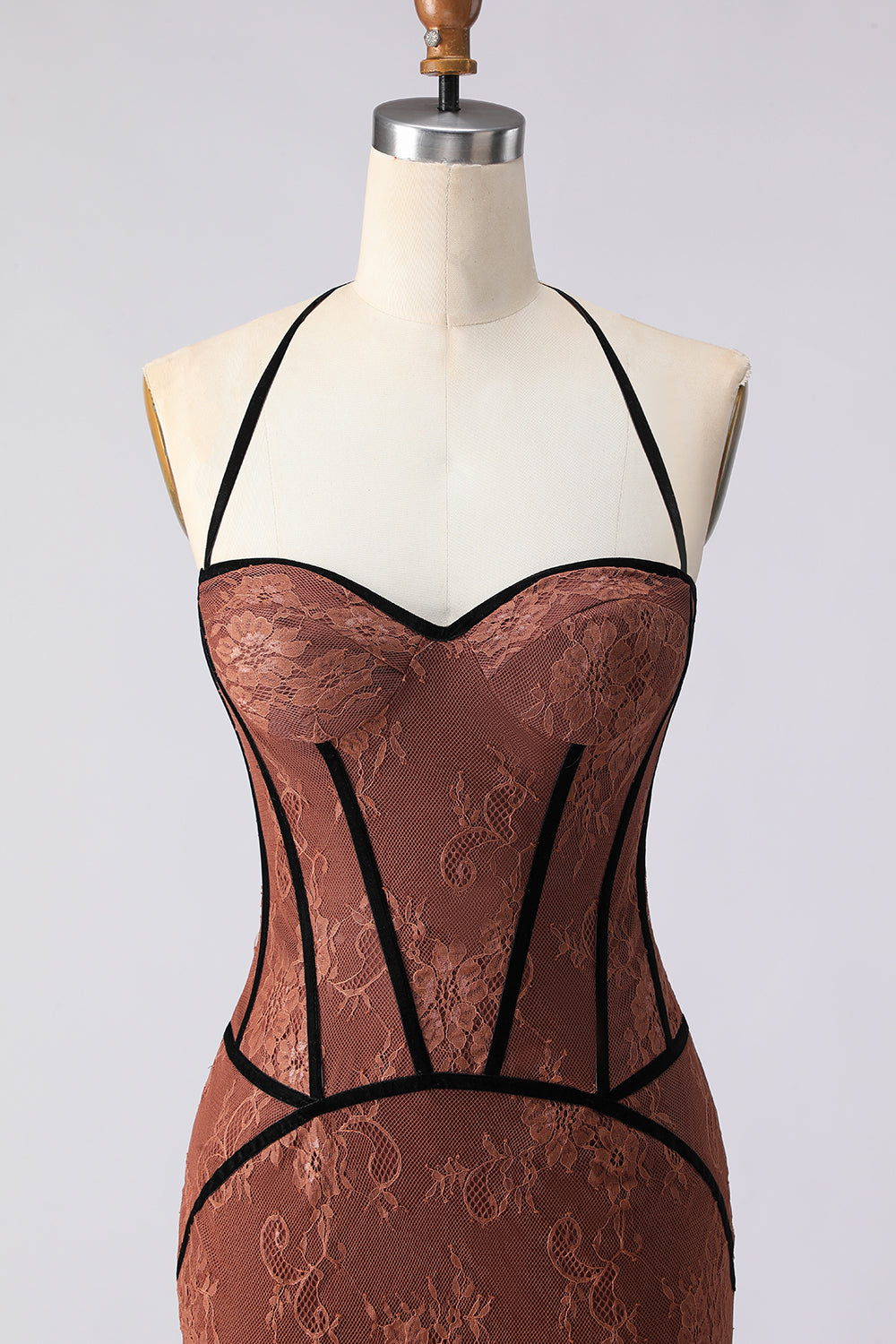 Brown Lace Mermaid Halter Long Corset Prom Dress
