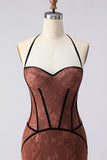 Brown Lace Mermaid Halter Long Corset Prom Dress