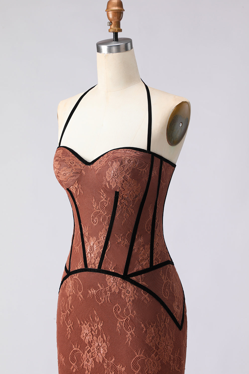 Brown Lace Mermaid Halter Long Corset Prom Dress