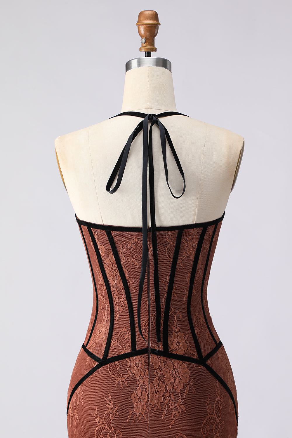 Brown Lace Mermaid Halter Long Corset Prom Dress
