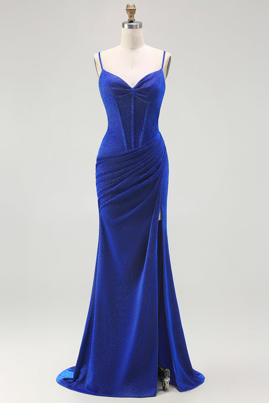 Royal Blue Corset Mermaid Long Prom Dress with Slit