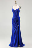 Royal Blue Corset Mermaid Long Prom Dress with Slit
