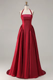 Sparkly Burgundy A-Line Satin Halter Long Prom Dress with Sequin
