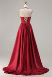 Sparkly Burgundy A-Line Satin Halter Long Prom Dress with Sequin