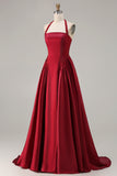Sparkly Burgundy A-Line Satin Halter Long Prom Dress with Sequin