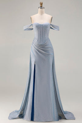 Dusty Blue Off the Shoulder Ruched Long Corset Prom Dress with Slit