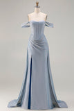 Dusty Blue Ruched Off the Shoulder Long Corset Prom Dress with Cape