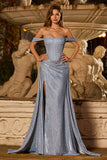 Dusty Blue Ruched Off the Shoulder Long Corset Prom Dress with Cape