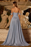Dusty Blue Ruched Off the Shoulder Long Corset Prom Dress with Cape