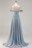 Dusty Blue Ruched Off the Shoulder Long Corset Prom Dress with Cape