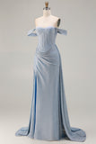Dusty Blue Off the Shoulder Ruched Long Corset Prom Dress with Slit