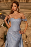 Dusty Blue Ruched Off the Shoulder Long Corset Prom Dress with Cape