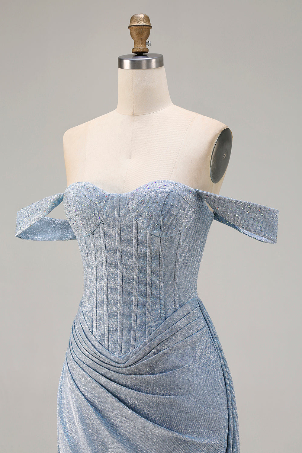 Dusty Blue Off the Shoulder Ruched Long Corset Prom Dress with Slit