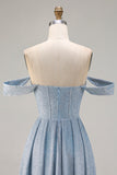 Dusty Blue Off the Shoulder Ruched Long Corset Prom Dress with Slit