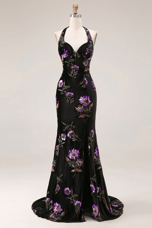 Sparkly Black Velvet Floral Halter Mermaid Long Prom Dress with Slit