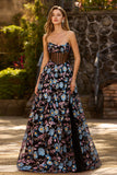 Black Floral Strapless A-Line Long Corset Prom Dress