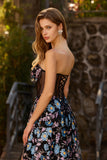 Black Floral Strapless A-Line Long Corset Prom Dress