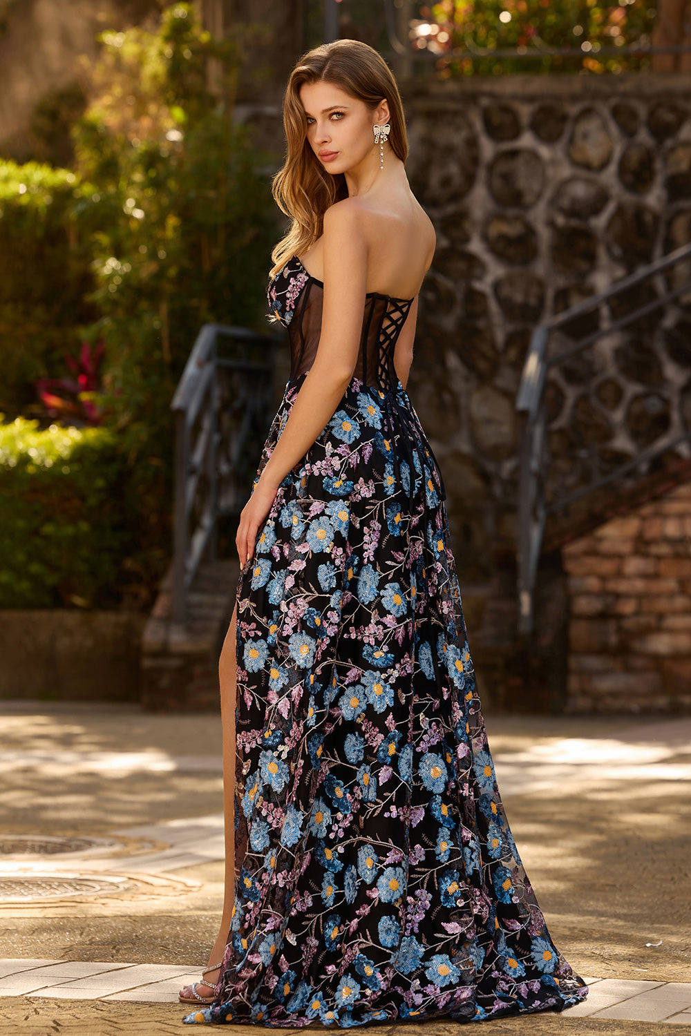 Black Floral Strapless A-Line Long Corset Prom Dress