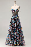 Floral Black A-Line Strapless Long Corset Prom Dress