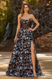 Black Floral Strapless A-Line Long Corset Prom Dress