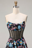 Floral Black A-Line Strapless Long Corset Prom Dress