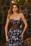 Black Floral Strapless A-Line Long Corset Prom Dress