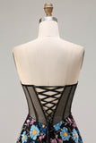 Floral Black A-Line Strapless Long Corset Prom Dress