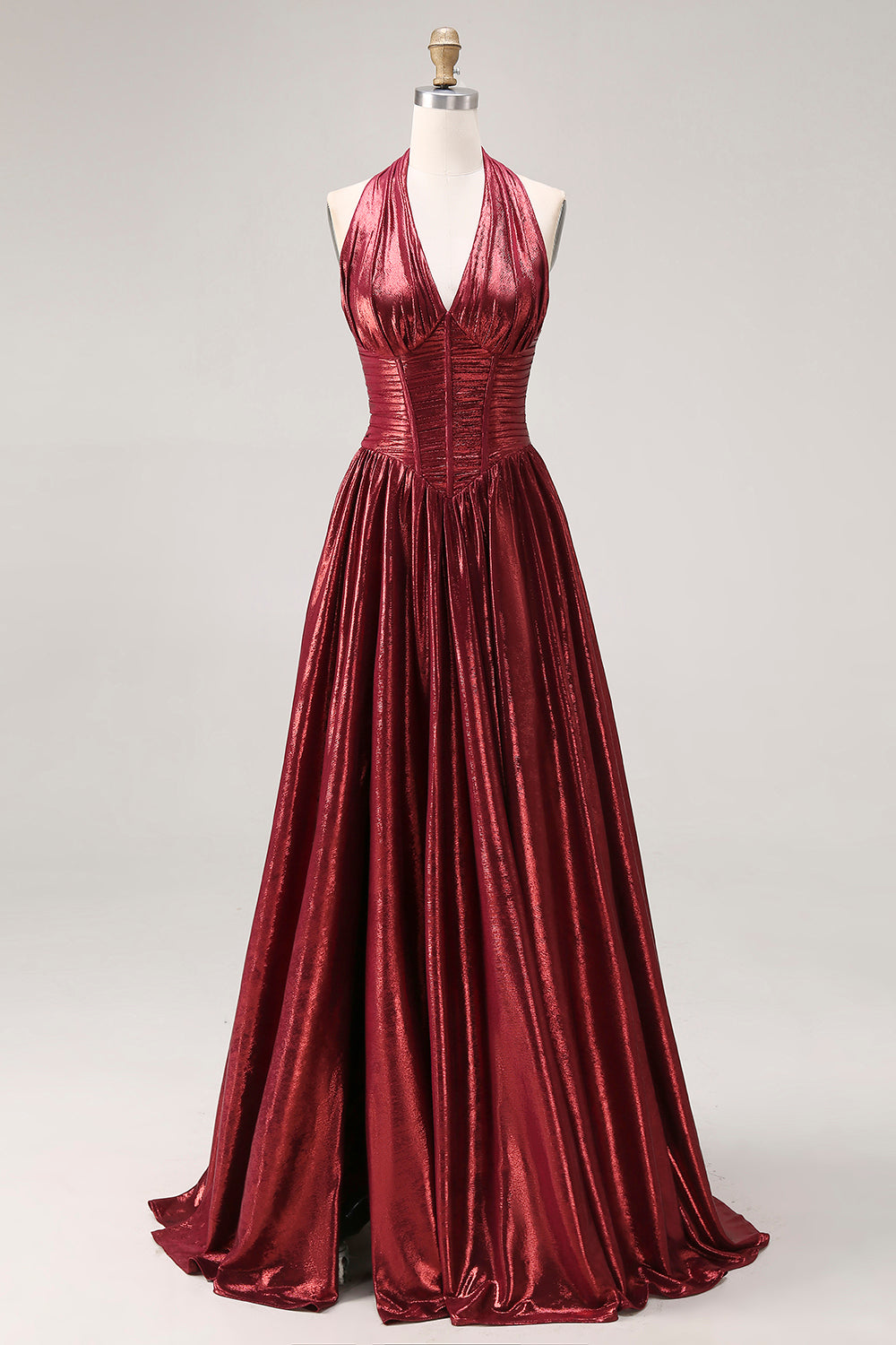 Sparkly Burgundy Halter Metallic A Line Pleated Long Prom Dress