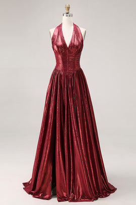 Sparkly Burgundy Halter Metallic A Line Pleated Long Prom Dress