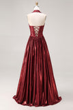 Sparkly Burgundy Halter Metallic A Line Pleated Long Prom Dress